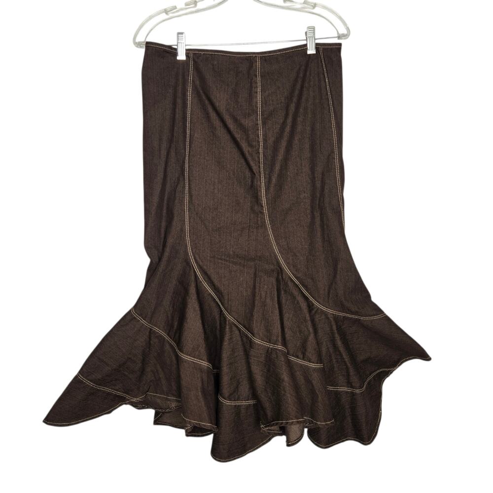 Vintage Y2K Women Fairy Grunge Denim Midi Skirt Brown Earthy Mermaid Hem 10